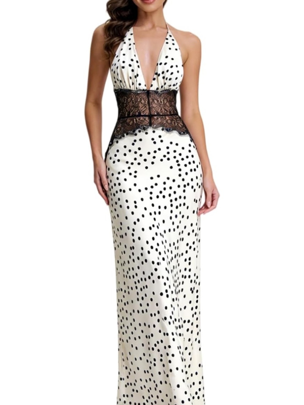 Polka Dot Lace-Waist Halter Evening Dress - White/Black